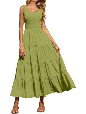 Women's Dress Maxi Dark Green Polyester Scoop Neck Short Vacation Casual Summer